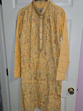 Embroidered Yellow Men’s Kurta Button-Down Shirt